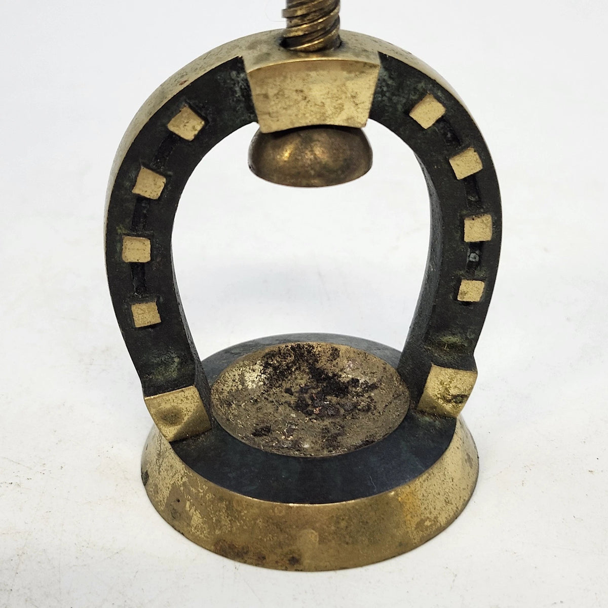 Horseshoe Screw-Down Nutcracker Gold Tone Metal T-Handle Tabletop 3.5" Patina