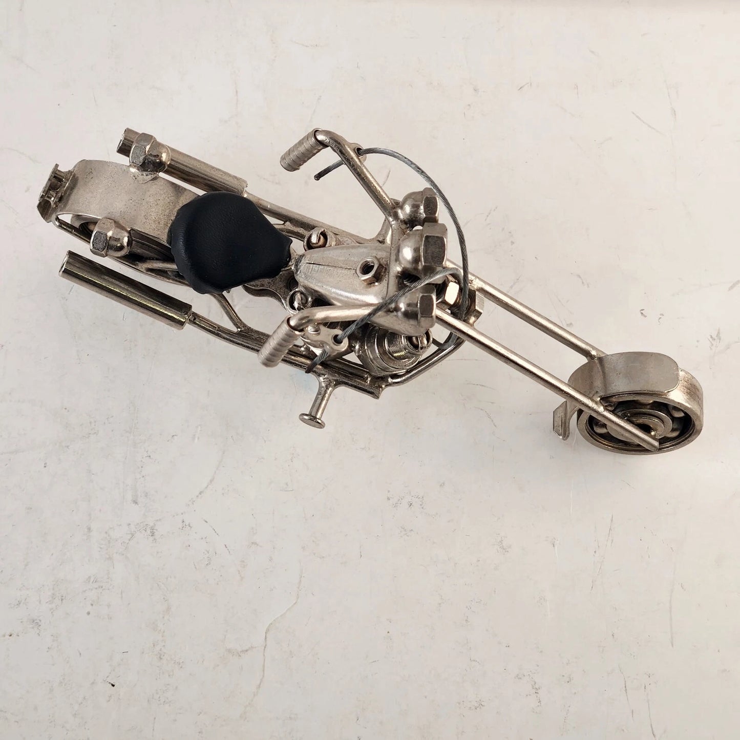 Metal Scrap Art Chopper Motorcycle Sculpture Spark Plug Nut Bolt Figurine 7.5"