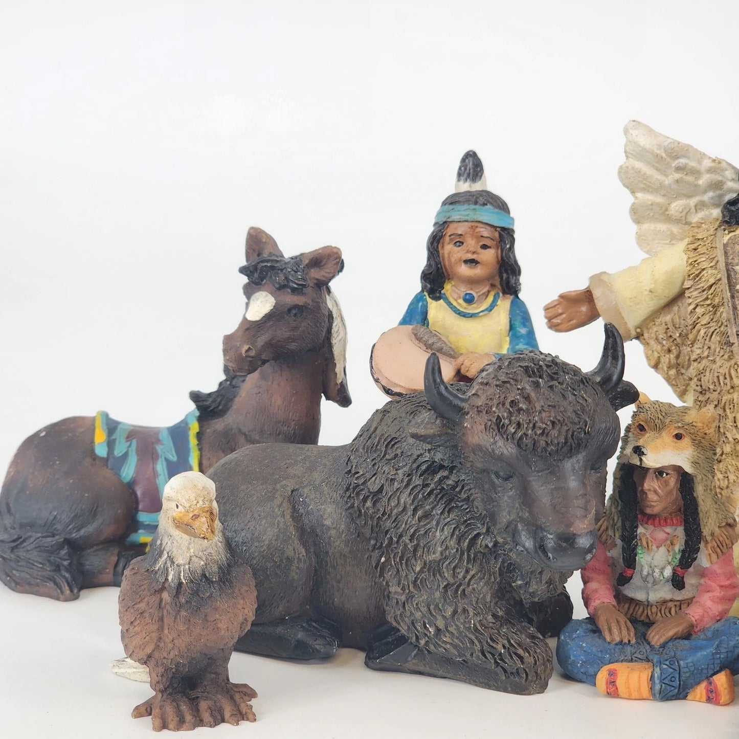10 pc Native American Set Resin Collectible Figurines 7 People Eagle Horse Bison
