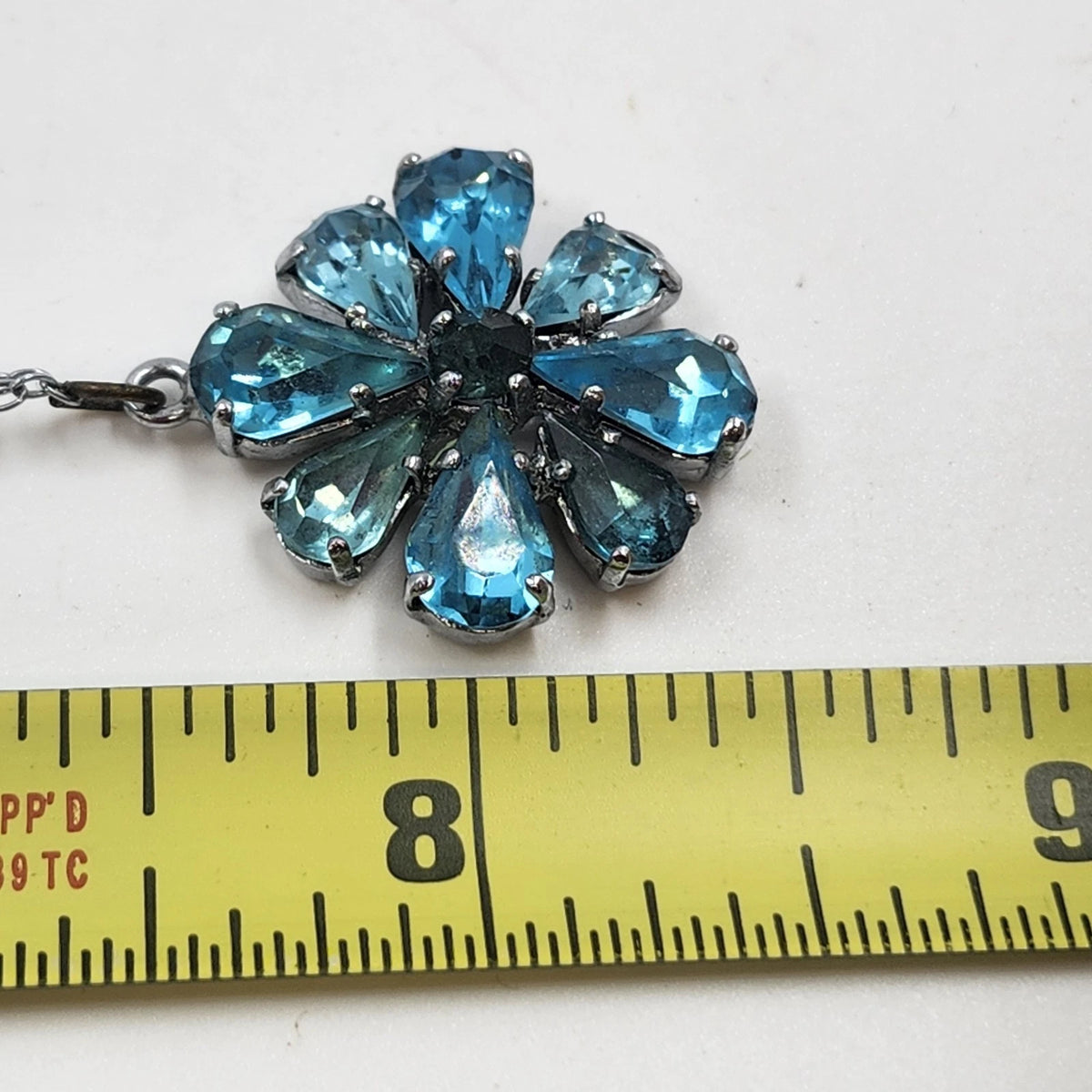 Blue Teal Rhinestone Flower Pendant Necklace Silver Tone Teardrop Stones 15"