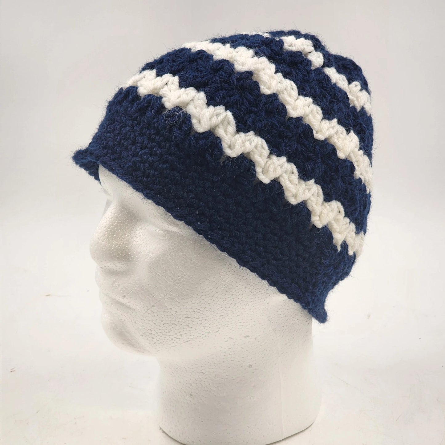 Handmade Crochet Messy Bun Beanie Hat Navy Blue White Striped Ponytail Cap New