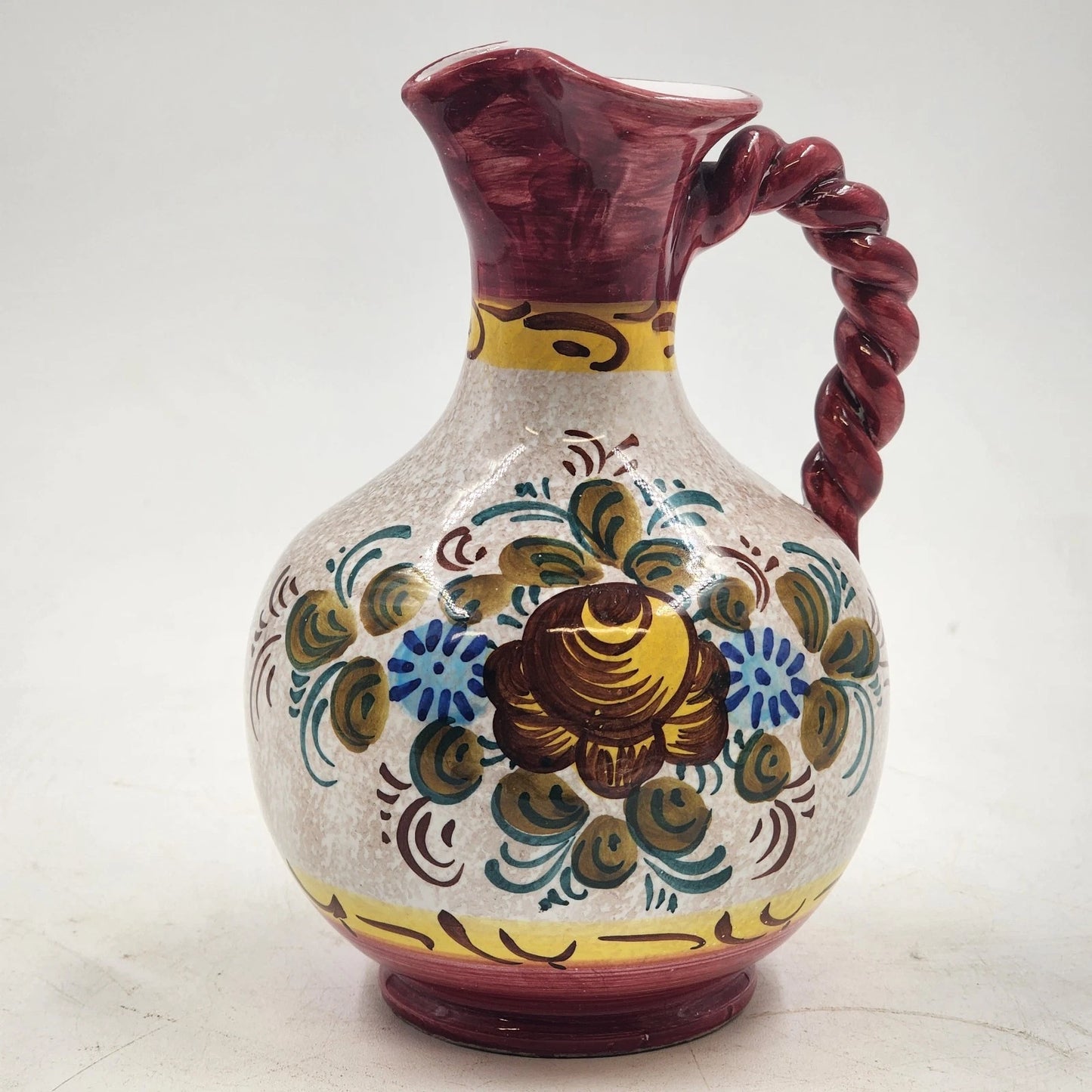Italian Ceramic Pottery Pitcher Hand Painted Bright Floral Twist Handle 8.5"