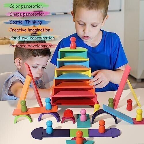 45-Piece Wooden Building Block Rainbow Stack Set 4 Shape Sets for Preschoolers