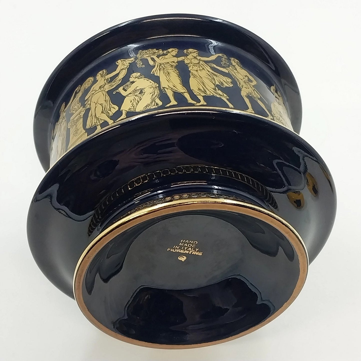 Florentine Italy Footed Pottery Bowl Cobalt Blue Gold Classical 4" Tall x 5.25"d
