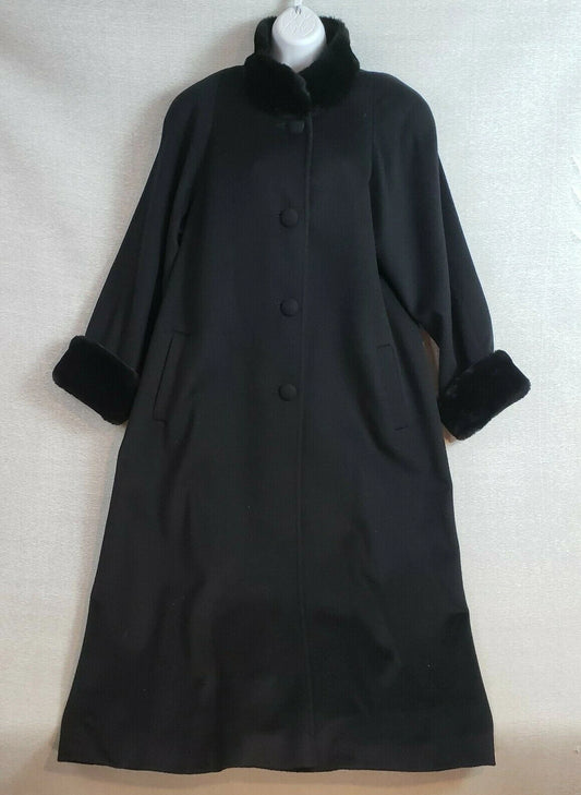 Albert Nipon Black Wool Maxi Coat Faux Fur Collar Cuffs Size 10 Vintage Elegant