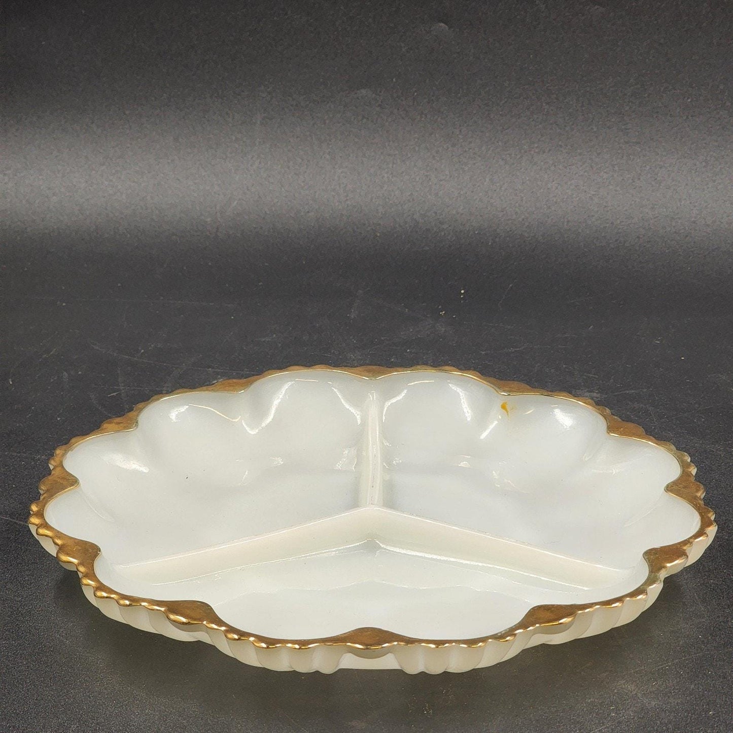 Anchor Hocking Milk Glass Divided Relish Dish with Gold Rim 10 Inch Vintage