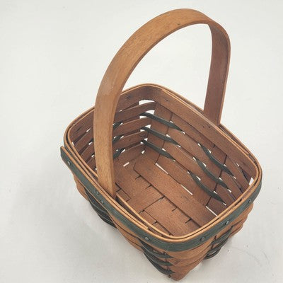 Longaberger Handwoven Basket Green Stripes Vintage 1993 Wood Handle 7"x5"