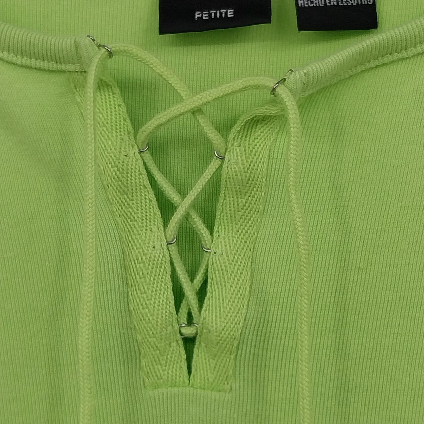 Erika Petite PM Lime Green Rib Knit Top Lace Up Neck Short Sleeve Shirt
