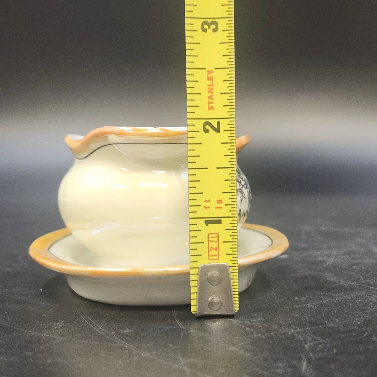 Porcelain Gravy Boat w Underplate 4.5" Floral Cream Orange Gold Trim Japan