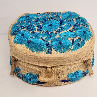 Woven Raffia Hat Box Suitcase Train case Blue Floral Travel 16" Boho Vintage