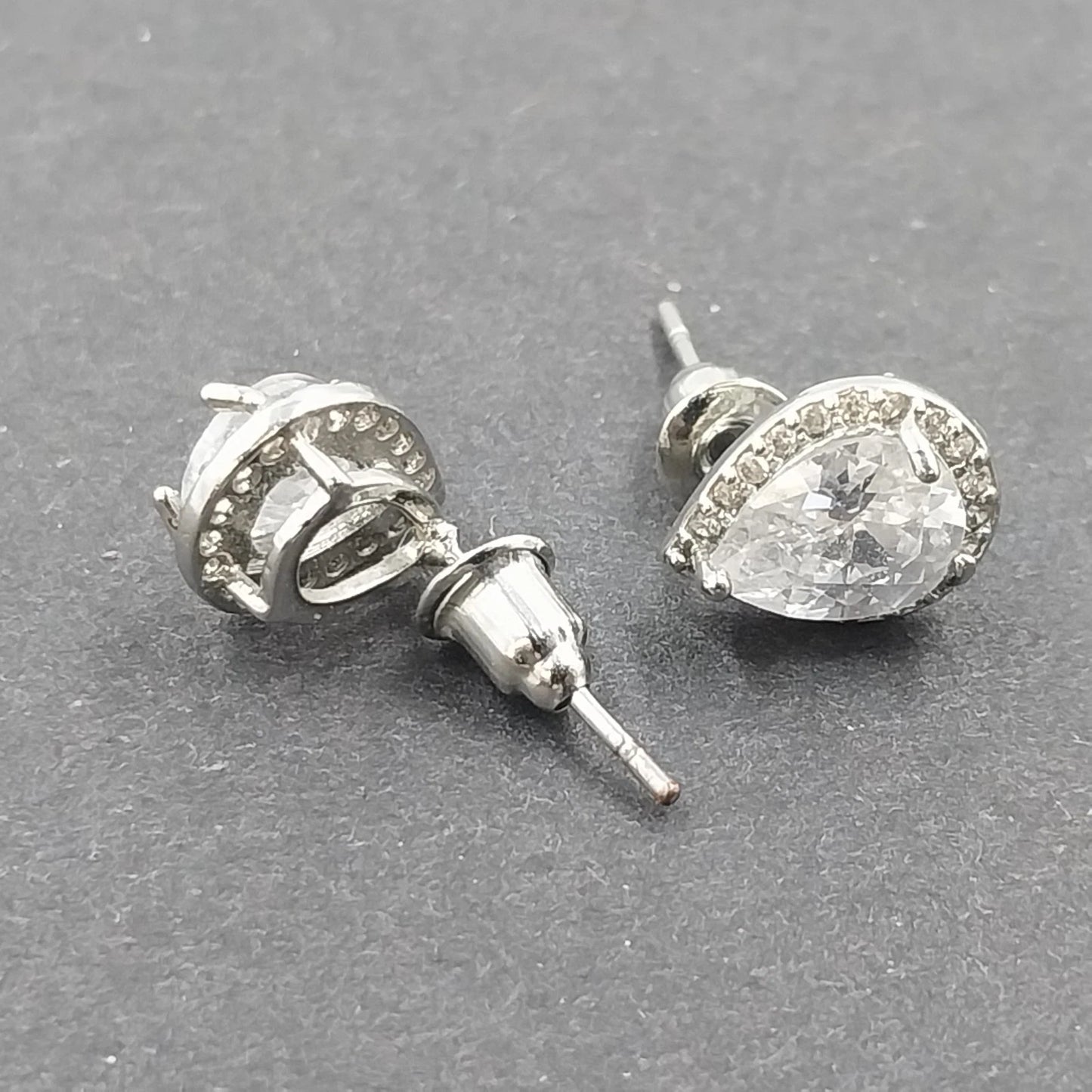 Silver Tone Faceted Teardrop Cut Halo Stud Earrings Clear Rhinestone Post Back