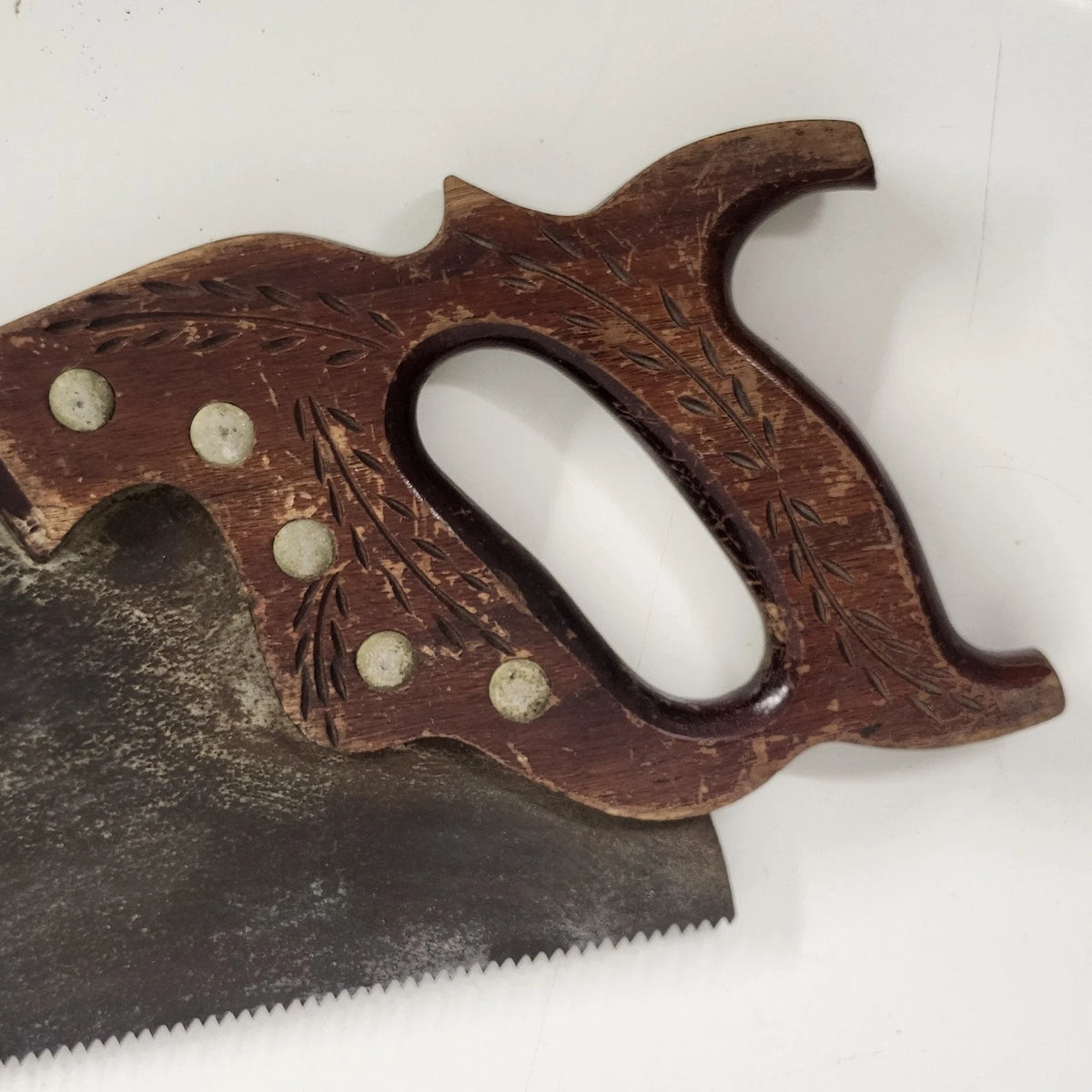 Crosscut Hand Saw 26" Carved Wood Handle Vintage Carpenter Woodworking Tool