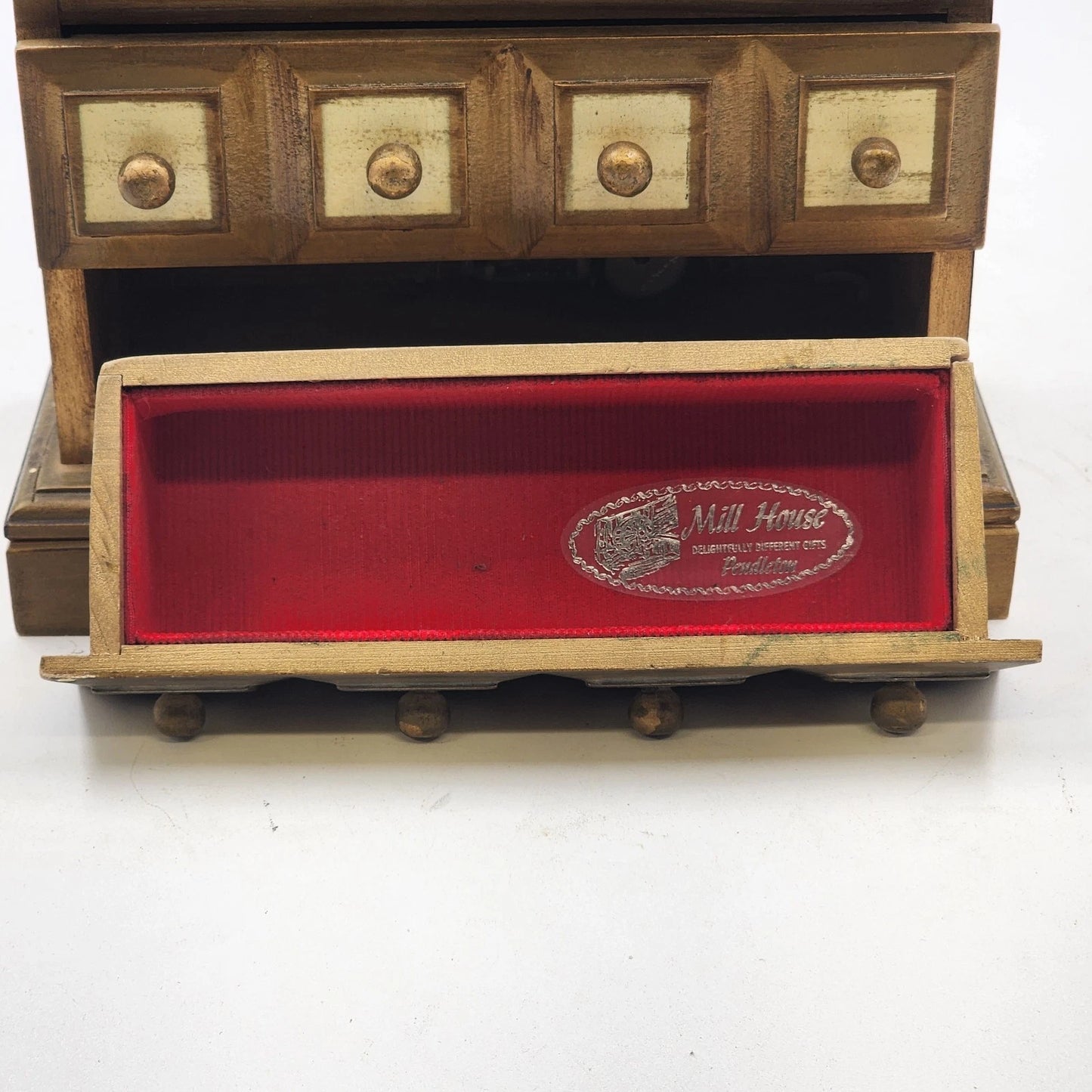 Musical Jewelry Box Wood Wind Up Hinge Top Desk 2 Shelves & 2 Drawers Gold Works