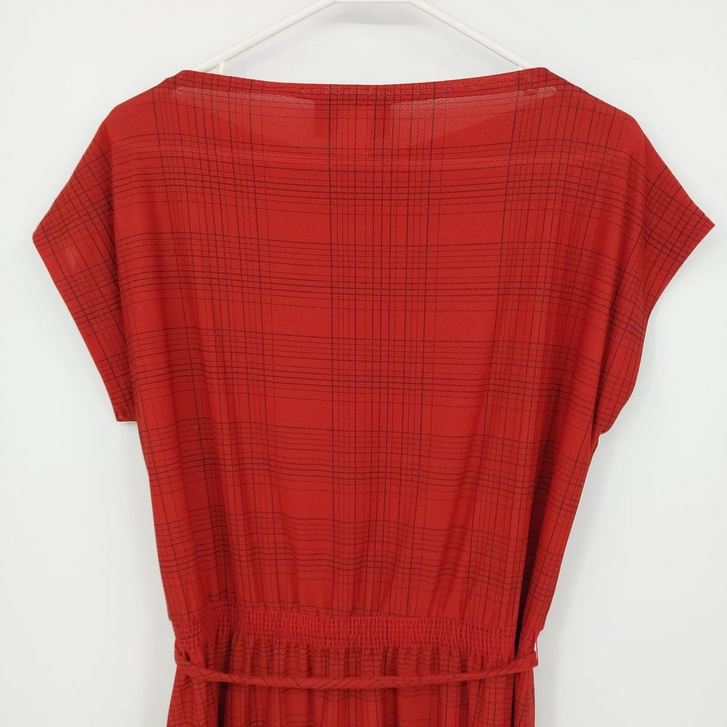 Strait Lane Red Plaid Dress Self-Tie Waist Women's 14 Short Sleeve Polyester 41"