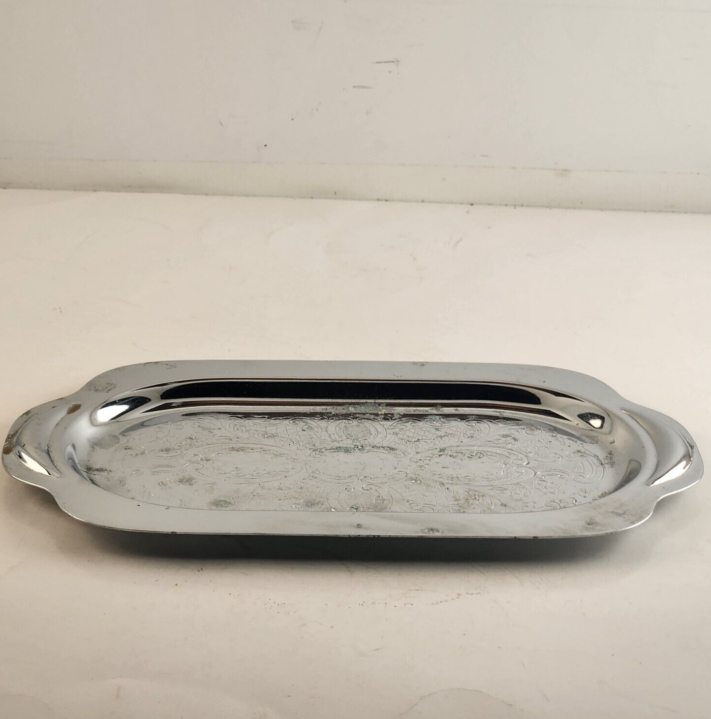 Silver Platted And Engraved Serving Tray With Handles Vintage 10" L x 6" W