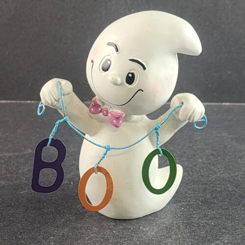 Bobble Head White Halloween Ghost with BOO Banner on Wire Streamer 4" Tall