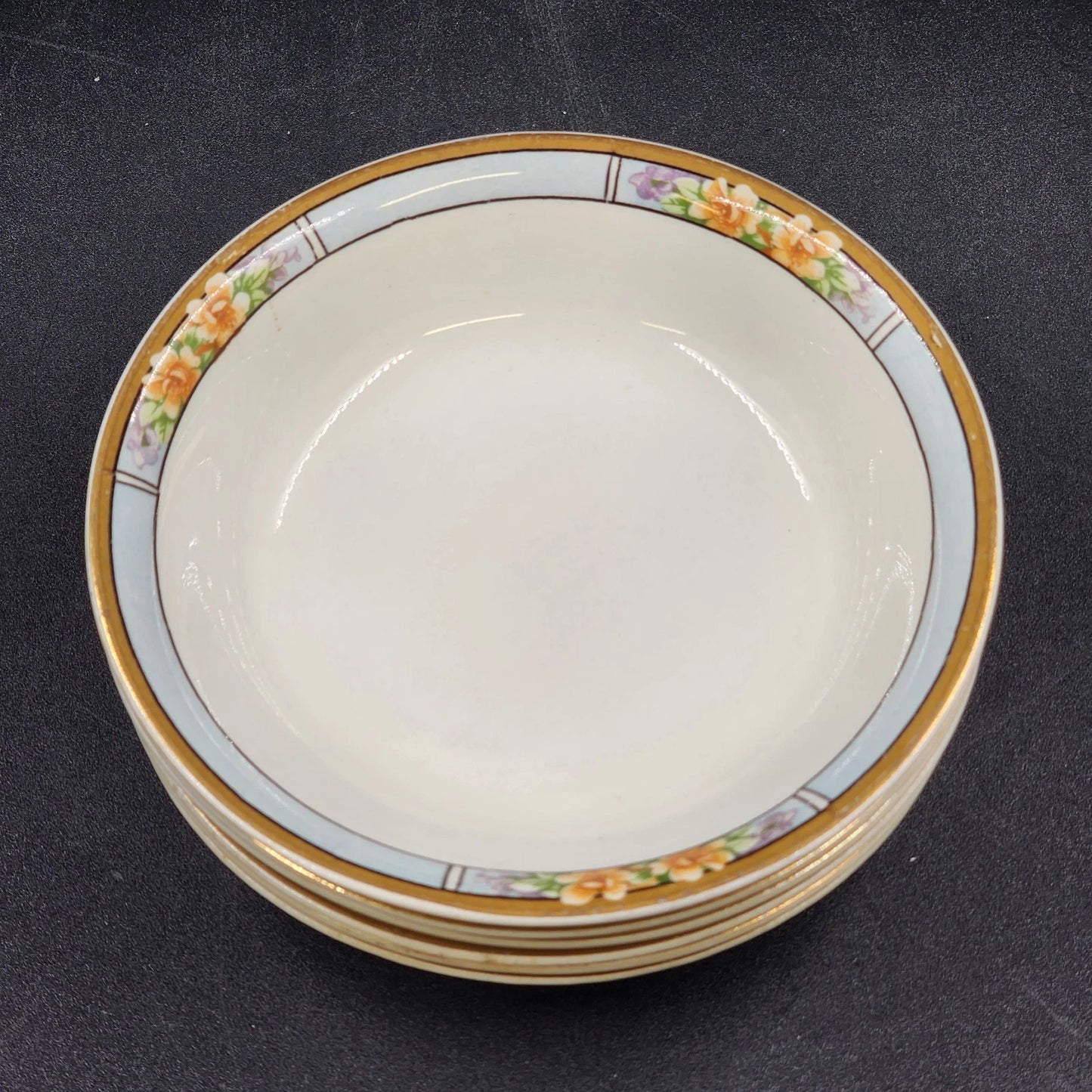 6 Nebraska Blue Fruit Berry Bowls England Blue Rim Flower Accent J&G Meakin