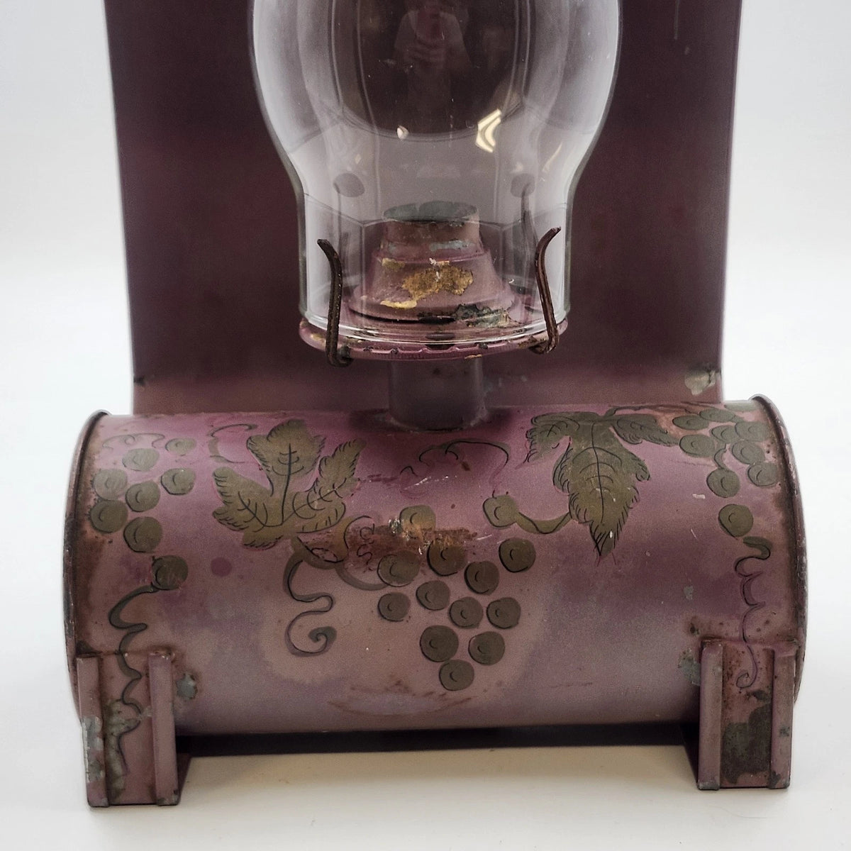 Metal Kerosene Oil Lamp Hand Painted Grapes Mauve Reflector Vintage 10.5" Vtg