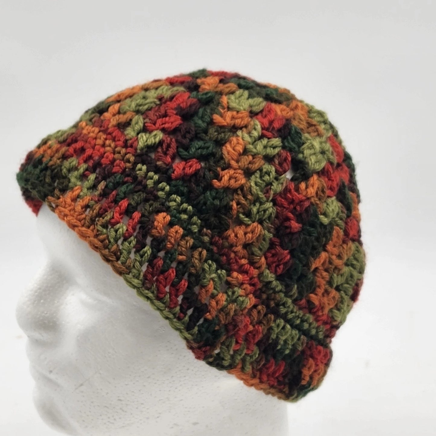 Handmade Crochet Messy Bun Beanie Hat Fall Colors Green Orange Brown Ponytail