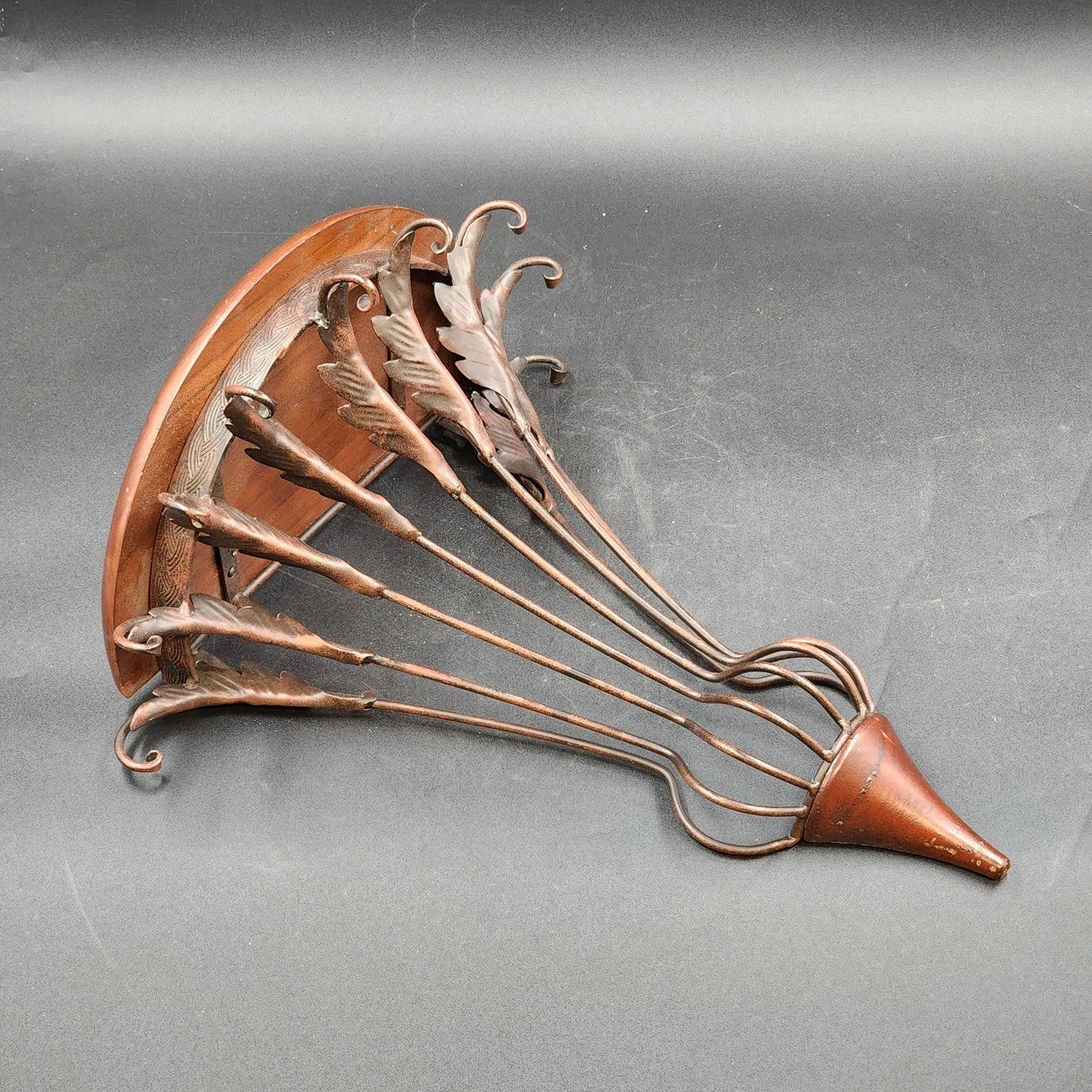 Half-Round Floating Wall Shelf Dark Wood Top Ornamental Metal Support 16.5"