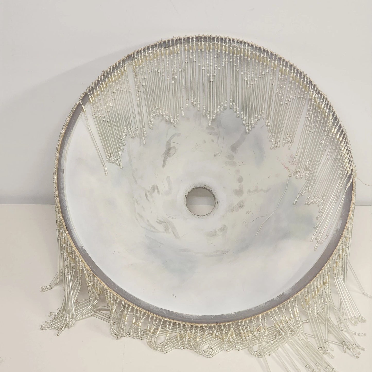Frosted Purple Glass Lamp Shade Hand Painted Violets Beaded Fringe 16" Vintage