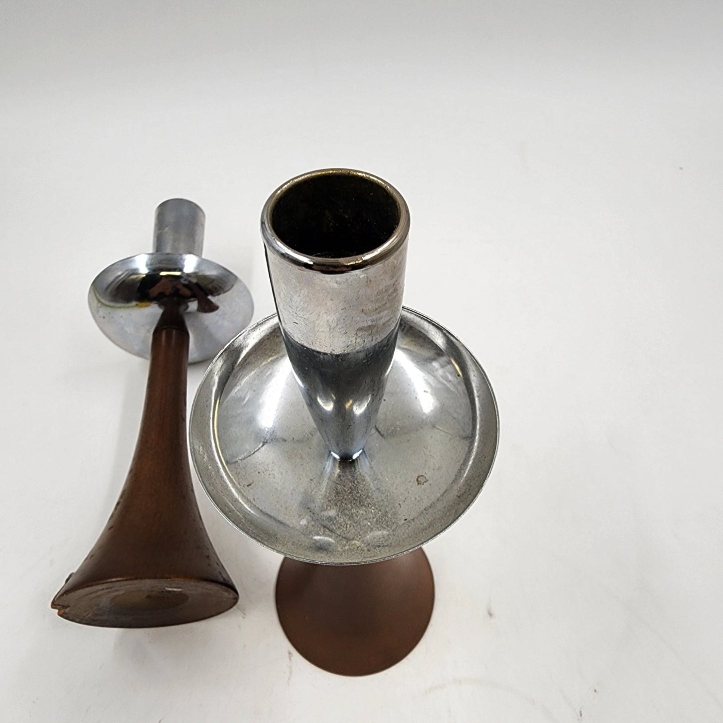 2 MCM Candle Holder Sticks Teak Wood Chrome Uppers 8.5" Danish Modern Vtg AS IS