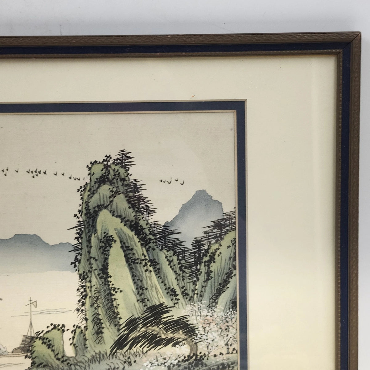 Chinese Ink Watercolor Landscape Painting Mountain River Boat Calligraphy Framed