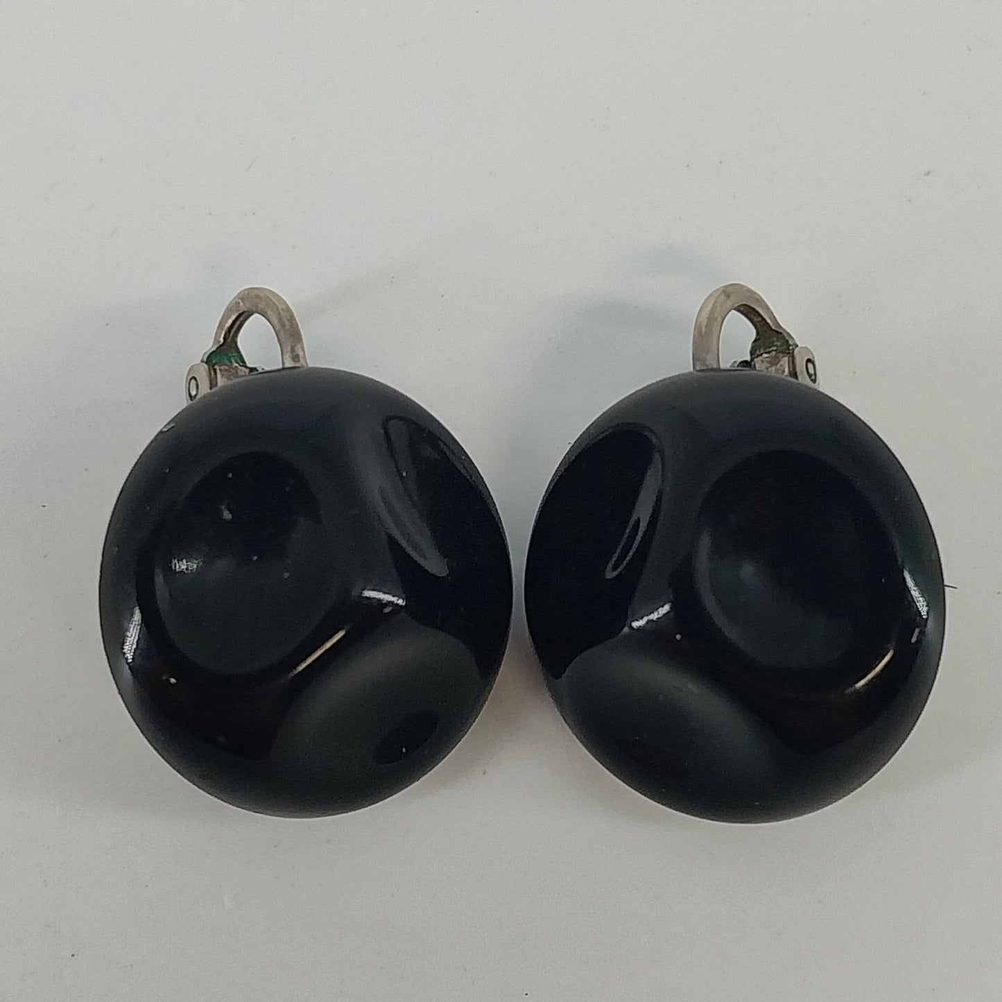 Black Statement Earrings Glossy Abstract Dome Round 1" Silver Tone Clip On Vtg