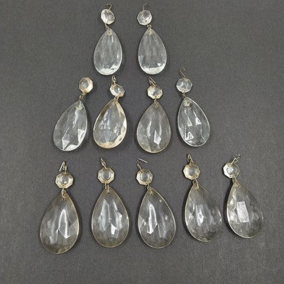 11 Almond Teardrop Crystal 2" Prisms w Octagon Faceted Beads Vintage Lamp Parts
