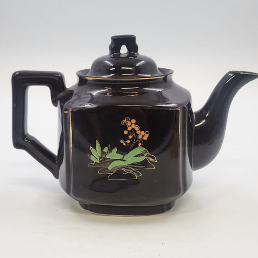 Japan Brown Ceramic Teapot Hand Painted Asian Landscape Gold Trim 6"h Lid Handle
