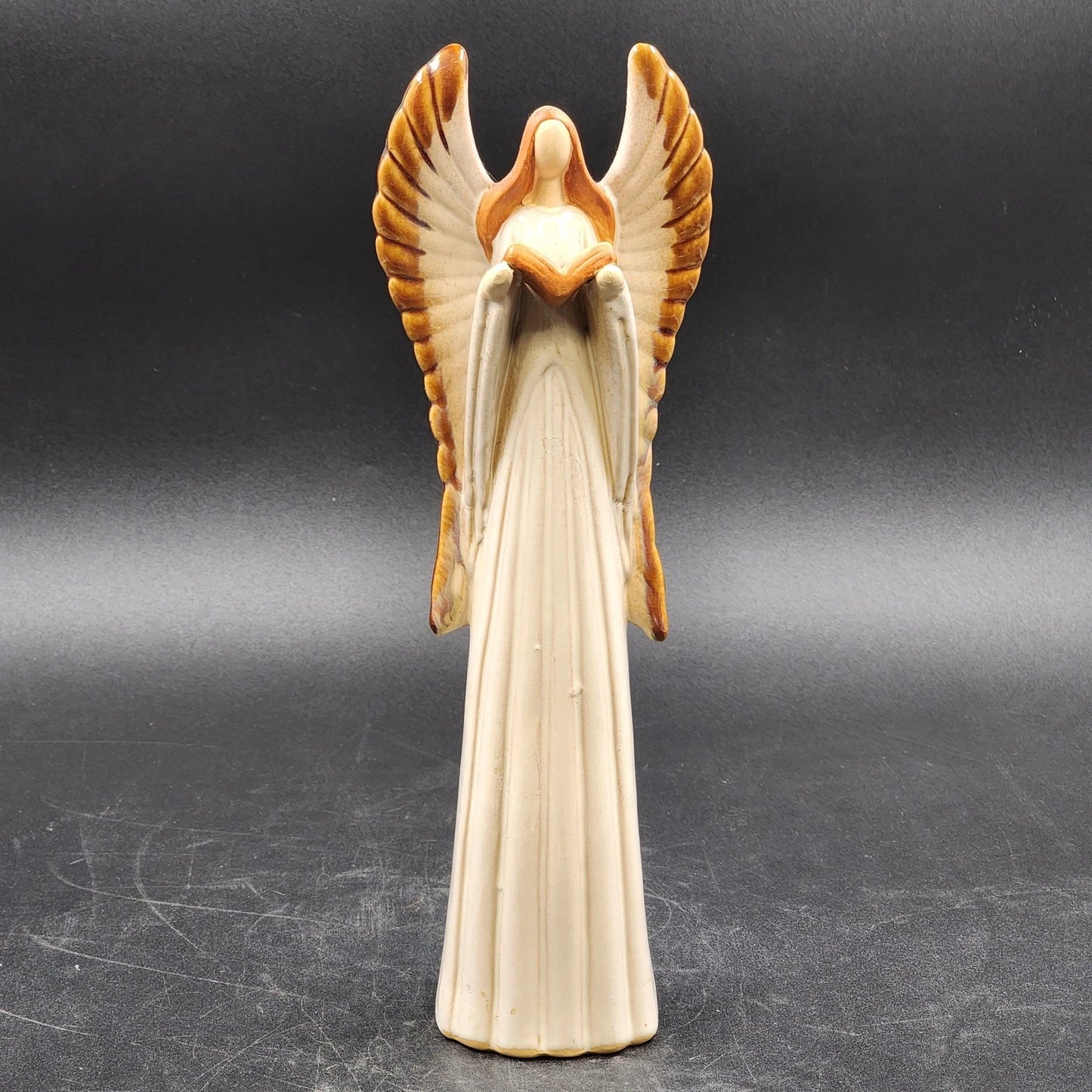 Glazed Ceramic Angel Figurine Holding Book 13" Neutral Cream Brown Home Decor