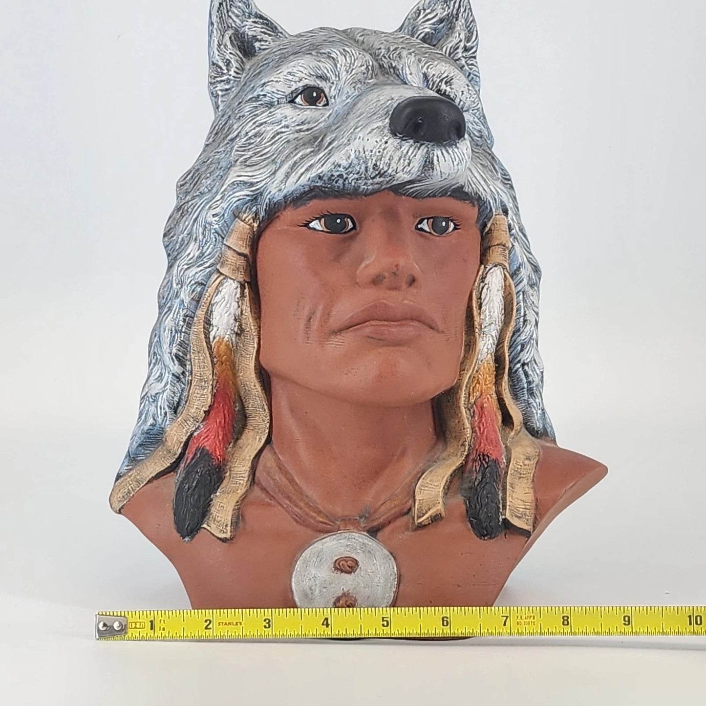 Native American Style Ceramic Bust Wolf Headdress Statue 11.5" Large Crystalline