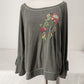 Hazel Grey Lg Sweatshirt Embroidered Bell Sleeve w/ Ties Wide Neck Floral Design