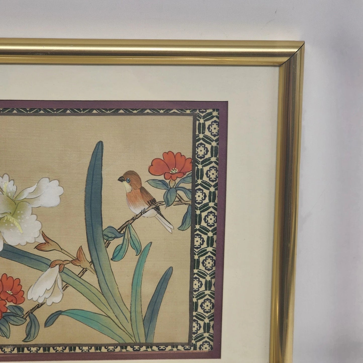 Pair Chinese Silk Paintings Birds Flowers Gold Frame 14x11 Vintage Wall Art