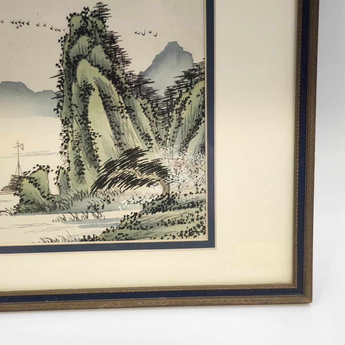 Chinese Ink Watercolor Landscape Painting Mountain River Boat Calligraphy Framed