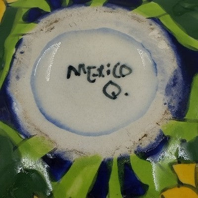 Mexican Folk Art Pottery Serving Bowl 8”x3" Talavera Sunflowers and Leaf Design