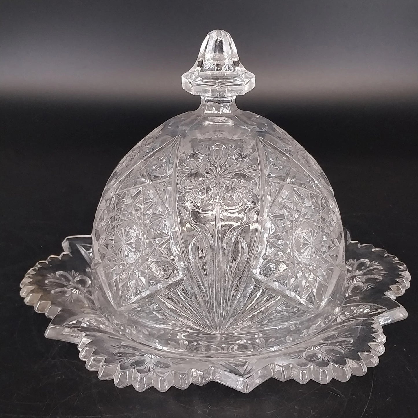 Imperial Glass Hobstar Covered Butter Dish Cheese Dome Clear Glass Sawtooth Vtg