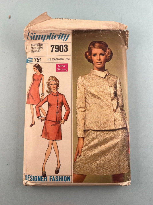 Simplicity 7903 Vintage Sewing Pattern 1968 Misses ½Sz Dress and Jacket Designer