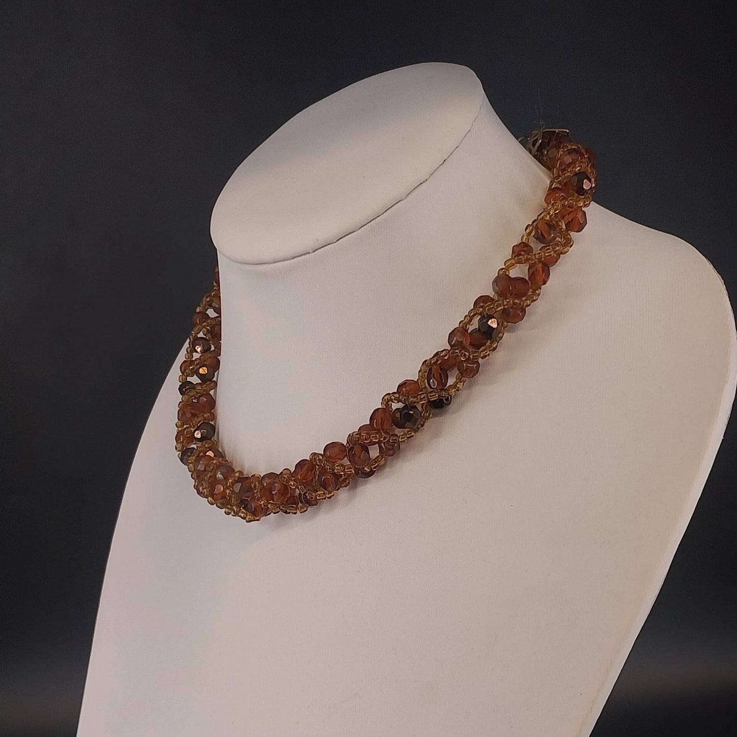Amber Brown Faceted Bead Sequin Necklace Twisted Multi Strand Statement Vintage