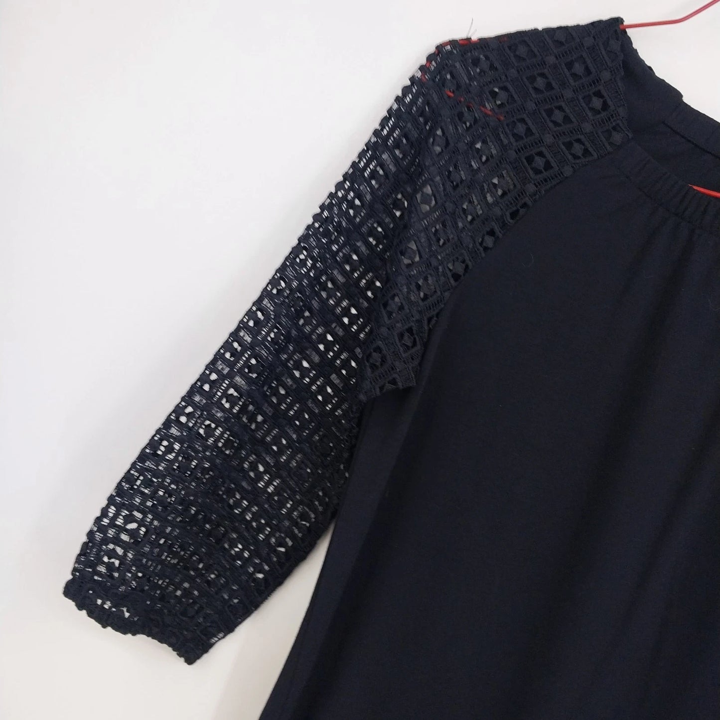 Talbots Petite Navy Blue Lace Sleeve Blouse Women MP 3/4 Sleeve Crochet Knit Top