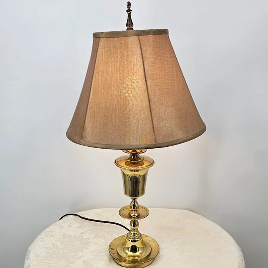 Brass Table Lamp 25" Fabric Shade Finial Electric 1980s Early American MCM