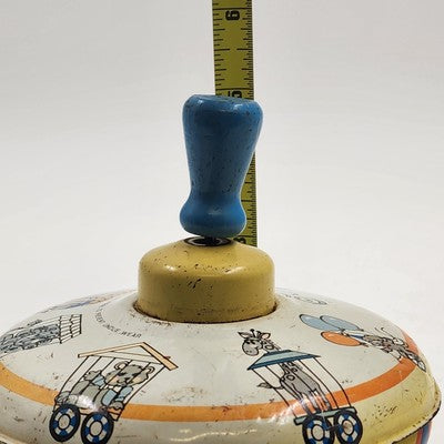 Metal Tin Toy Spinning Top with Circus Animals 6" by Ohio Art USA Vintage 1960s