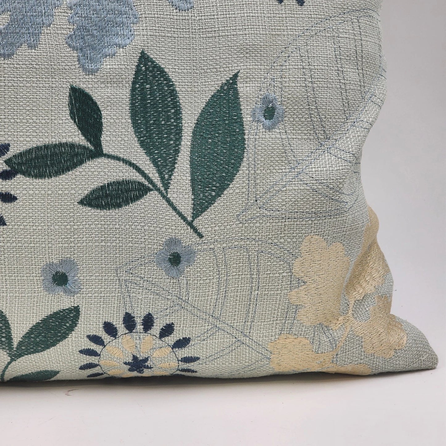 Decorative Down Throw Pillow 20"x20" Blues Embroidered Floral Leaf Cotton Canvas