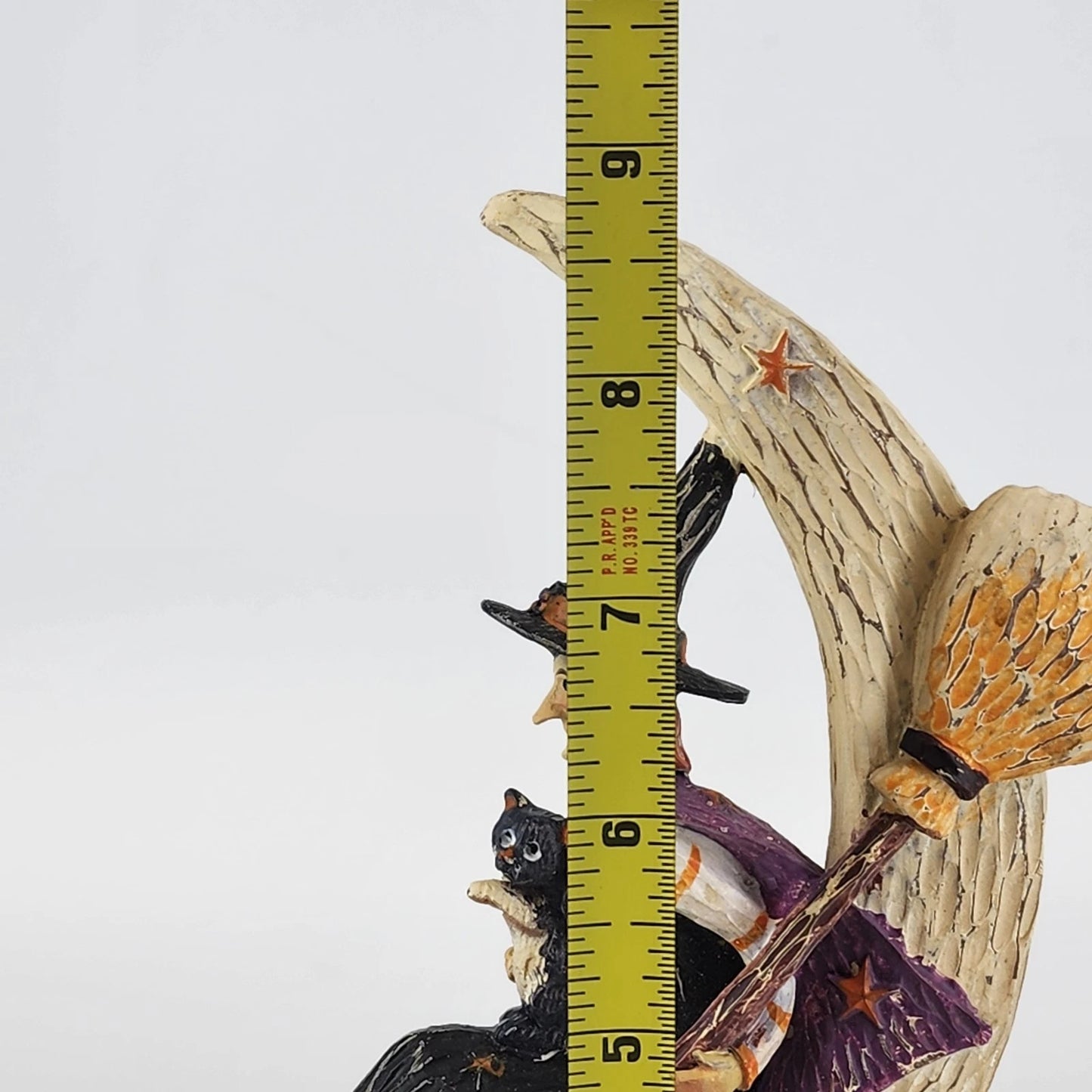 Halloween Witch w Broom & Cat on Crescent Moon Resin Figurine Jack O’ Lantern 9"