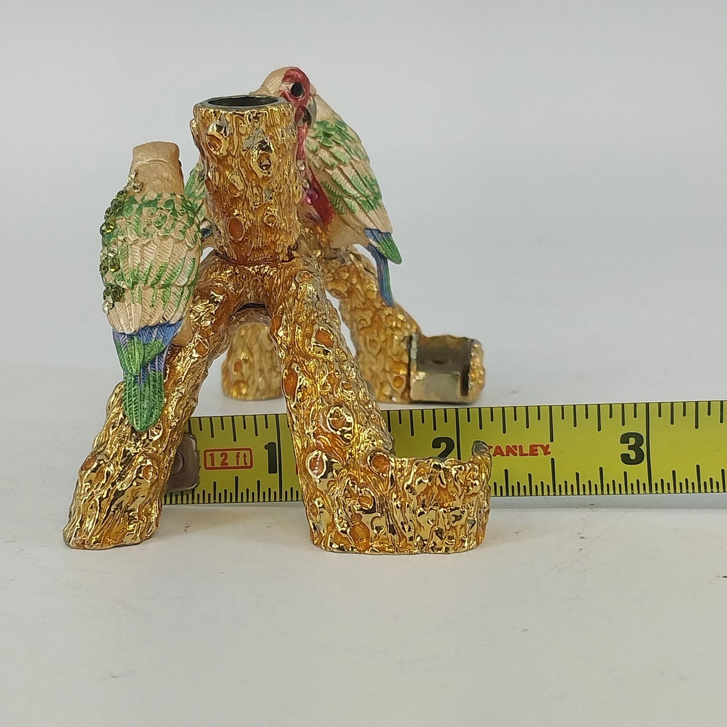 Metal Enamel Crystal Parrot Pen & Business Card Holder Bird on Branch Desk Decor