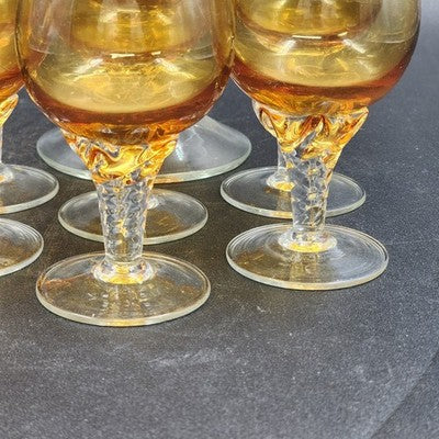 Italian Amber Glass Decanter & 6 Cordials Twisted Stems Clear Handle Vtg Elegant