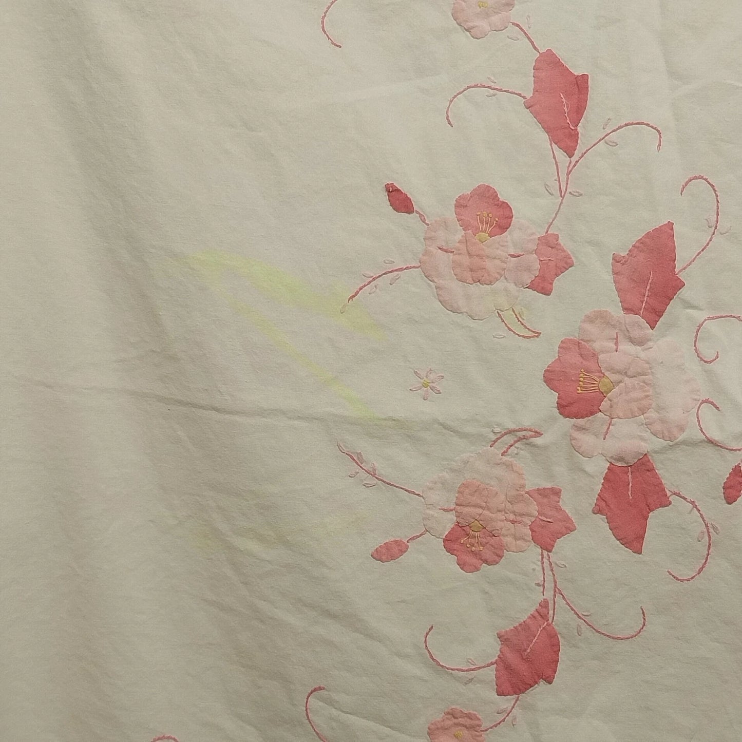 Handmade White Tablecloth Pink Applique Floral Embroidered Hemmed 96x66 Vintage