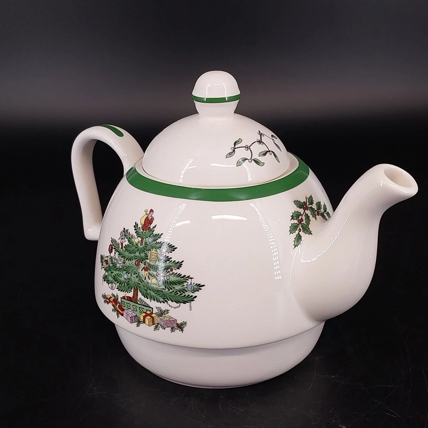 Spode Christmas Tree Teapot Lid Holly Gifts Stoneware England S3324-A6 Vintage