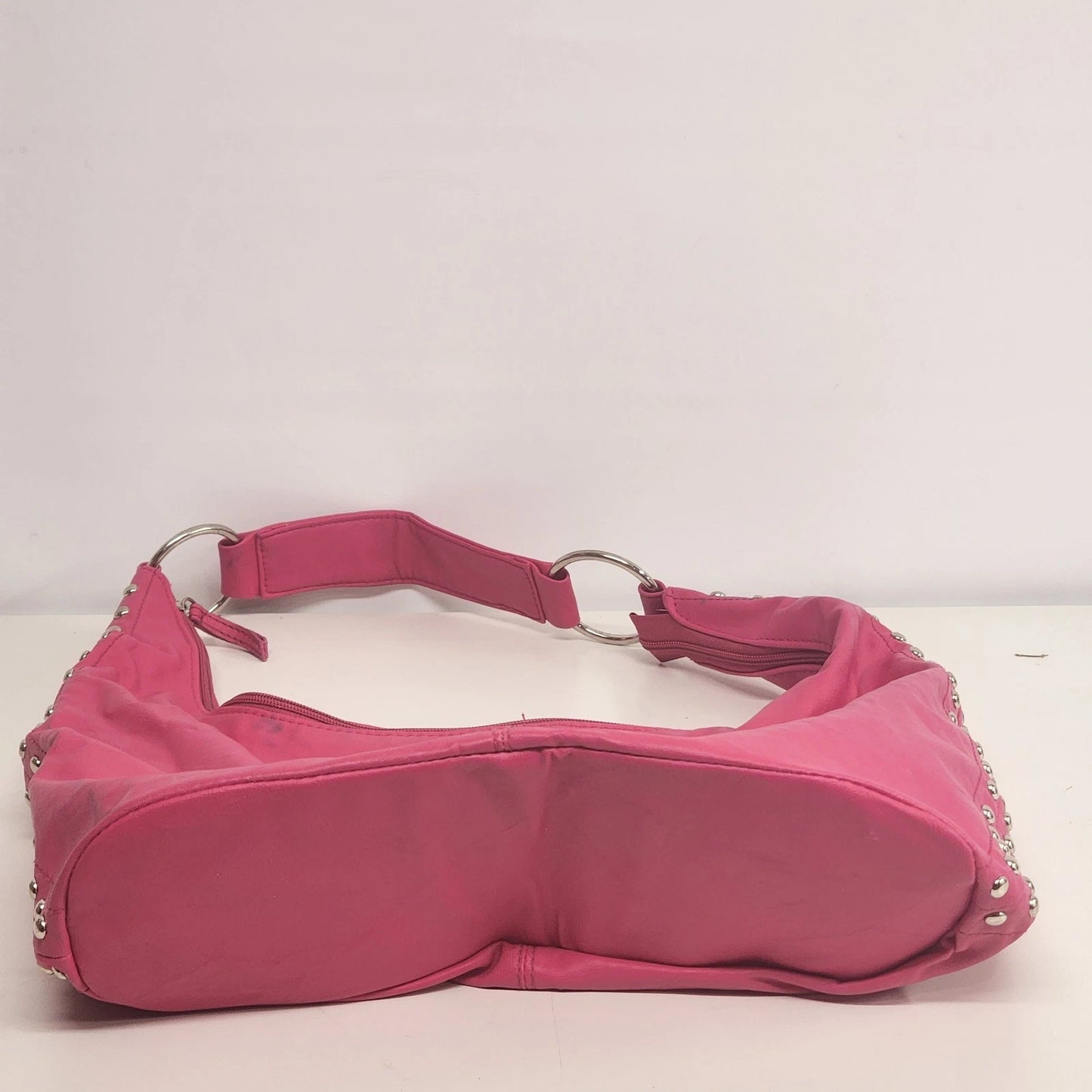 Pink Leather Hobo Bag Studded Hand Shoulder Purse Silver Studs Slouchy 12" Vtg
