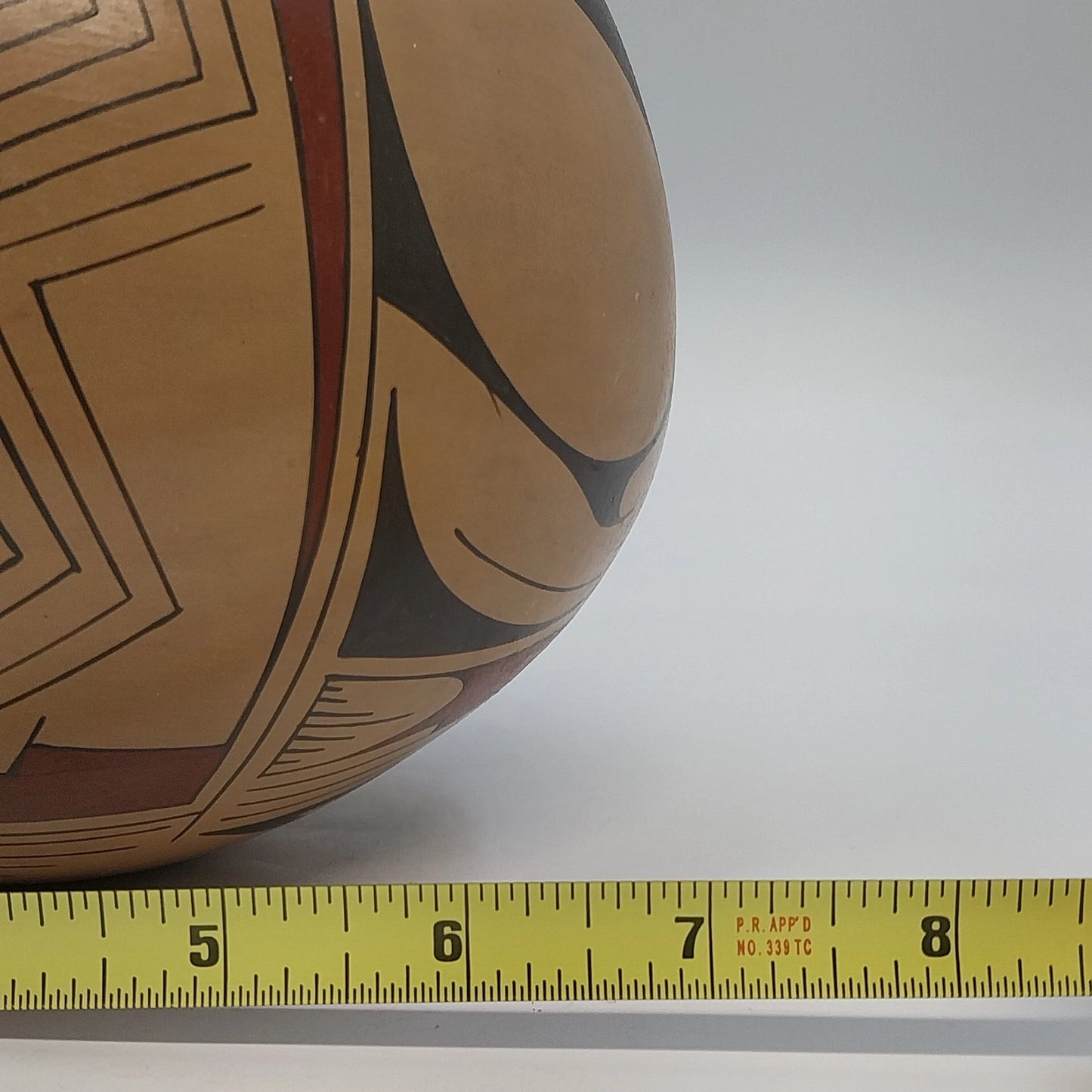 Handmade Mexican Pottery Bowl Geometric Bird Motif Tan Black Red 7" Round Bottom